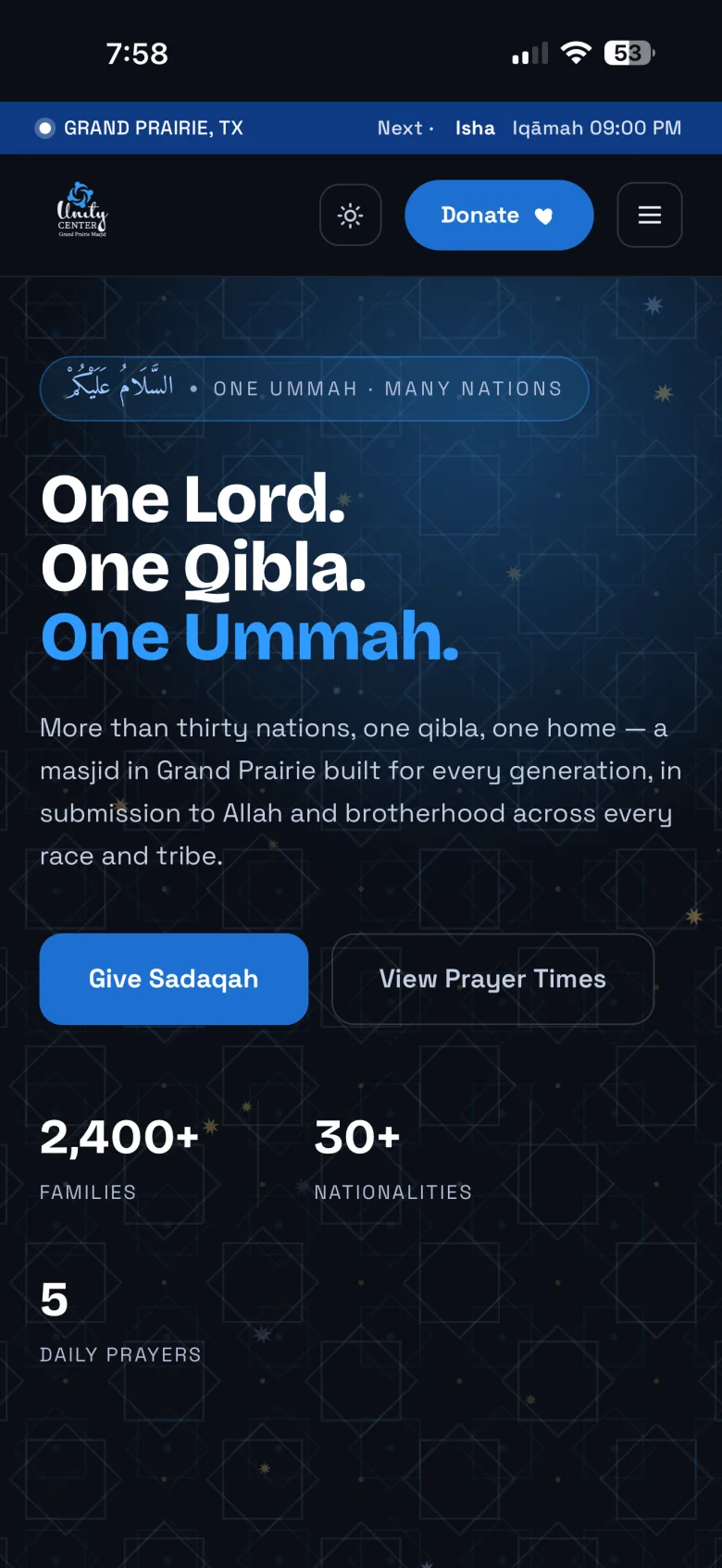 The Grand Prairie Masjid website on a phone: a banner naming Grand Prairie, TX with the next prayer and its iqāmah time, a Donate button, and the headline "One Lord. One Qibla. One Ummah."