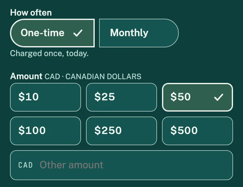 Qutb’s give page on a phone: a choice between one-time and monthly, the amount keys $10, $25, $50, $100, $250 and $500 with $50 selected, and an other-amount field, in Canadian dollars.