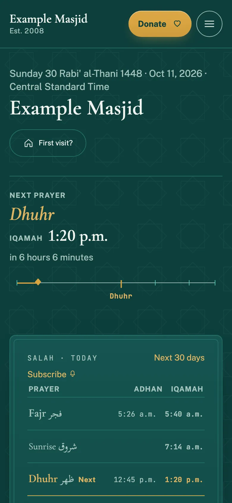 A masjid website on Qutb, on a phone: the next-prayer bar, a Donate button, the Hijri and Gregorian date, a Next Prayer card for Dhuhr with its iqāmah time, and today’s times.