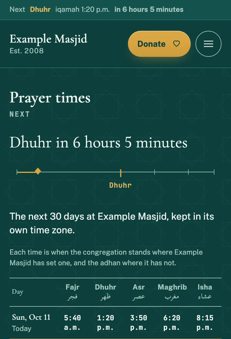 The prayer-times page of a masjid website on Qutb, on a phone: the next prayer with a countdown and the start of the table of the next days’ times for Fajr, Dhuhr, Asr, Maghrib and Isha.