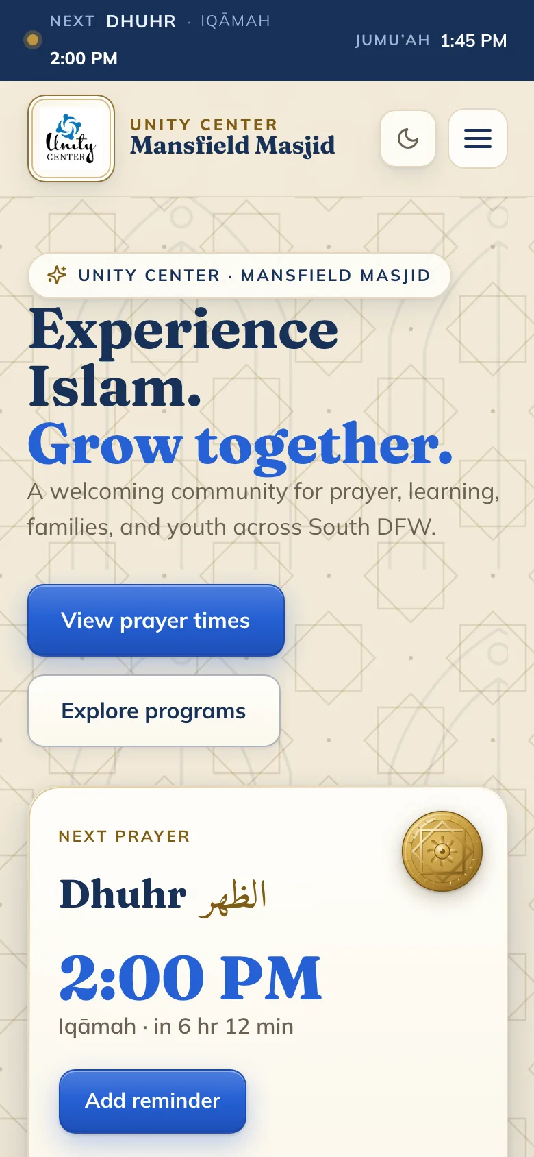 The same Unity Center Mansfield Masjid website on a phone: the next-prayer bar, the headline "Experience Islam. Grow together." and the Next Prayer card.